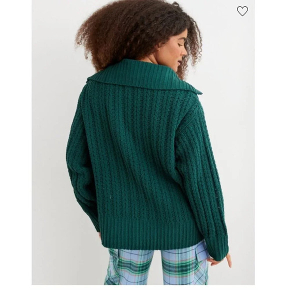 Aerie Cable Car Quarter Zip Sweater Green Chunky Knit Winter Cozy Warm Oversized - Picture 2 of 10